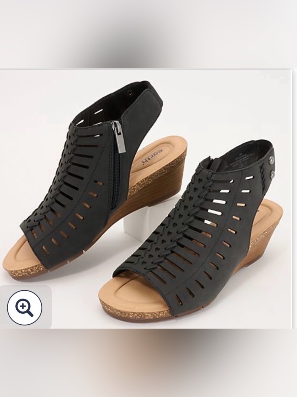 Earth Black Laser-Cut Peep Toe Wedge Sandals